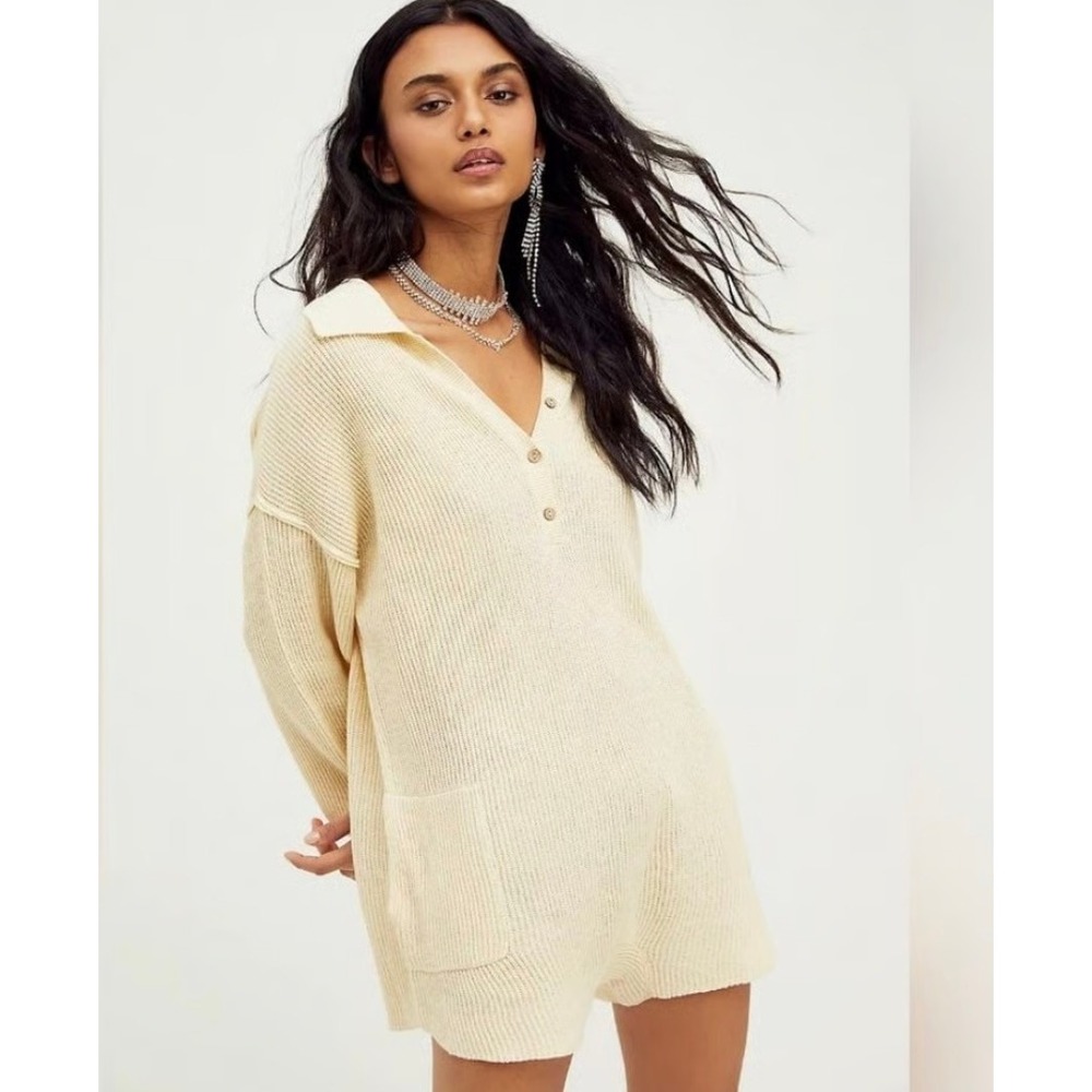 Free People Picnic Sweater Romper Neutral Cream Linen Cotton Henley Polo XS